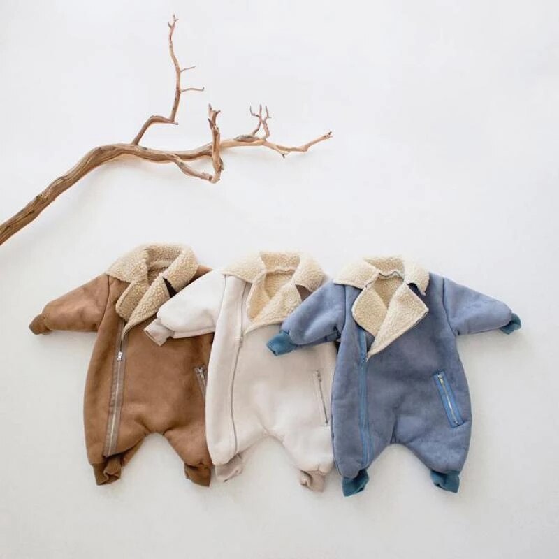 Baby Infant Suede Leather Warm Fleece Romper