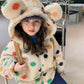 Polka Dot Print Fur Hooded Coats